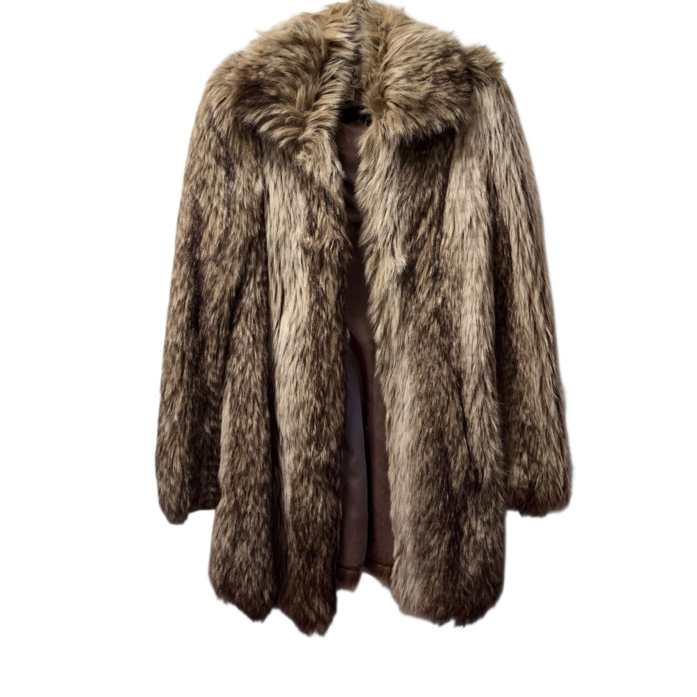 Baguda Womens Faux Fur Coat Brown Tan Striped Plush Cozy Jacket Medium